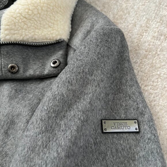 NWT Vince Camuto Faux Shearling Wool Blend Gray Pea Coat L - Picture 7 of 12